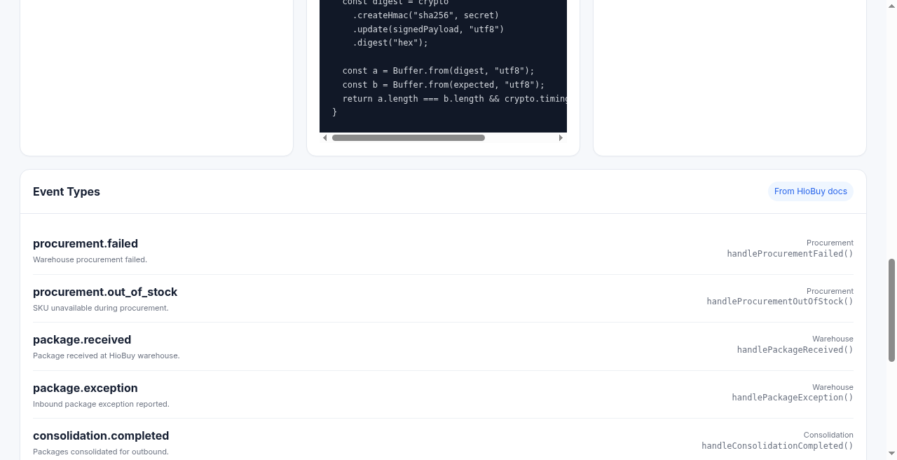 Event types section in the HIOBuy webhooks demo