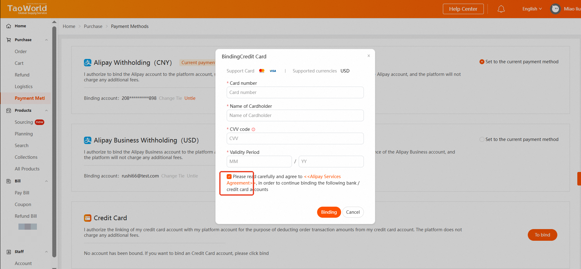 Agreement checked. The Binding button is enabled.