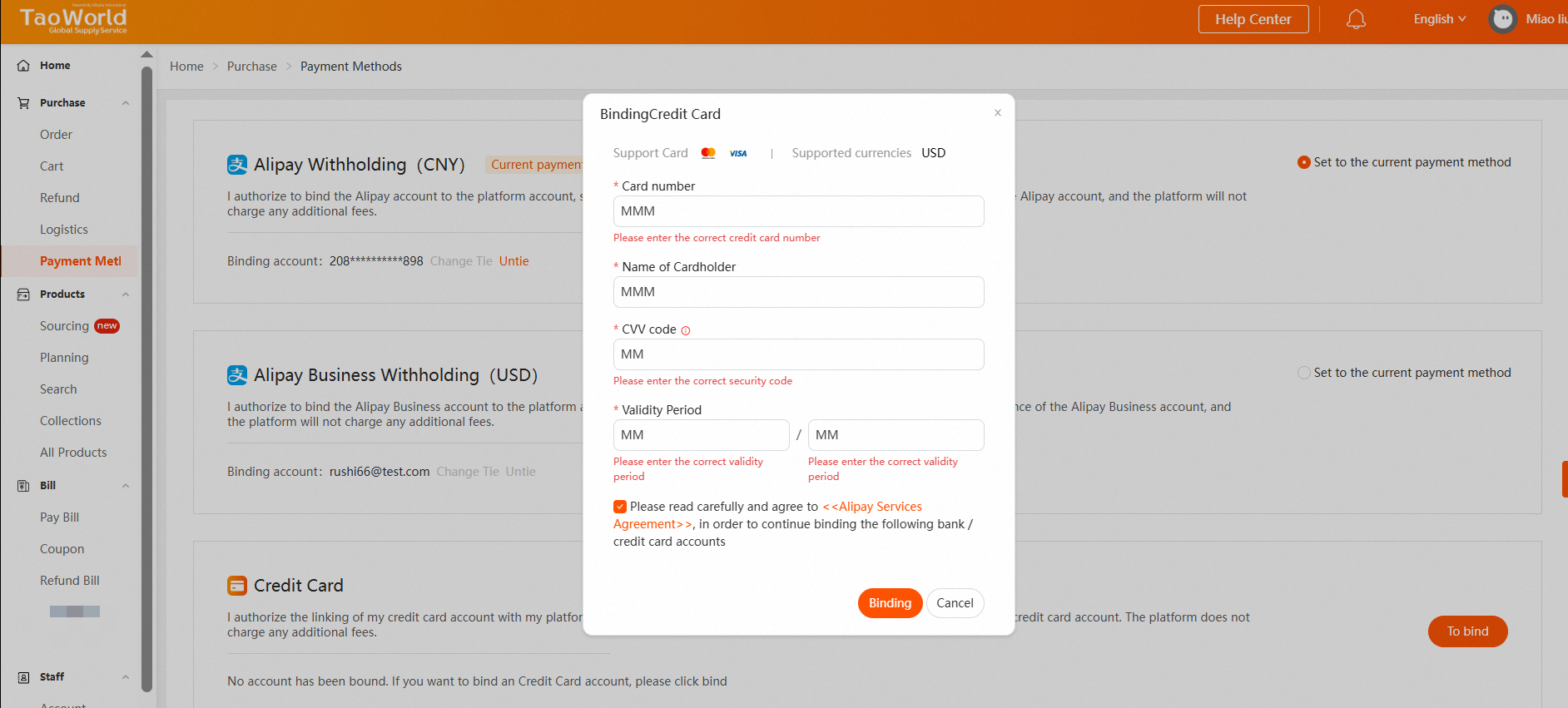 Validation messages under card number, CVV code, and validity period.
