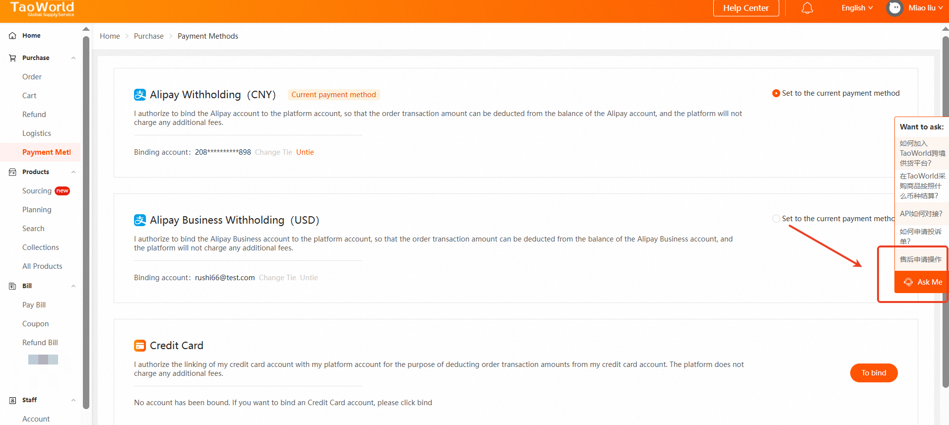 Payment Methods with the help panel open. Ask Me is the support entry.