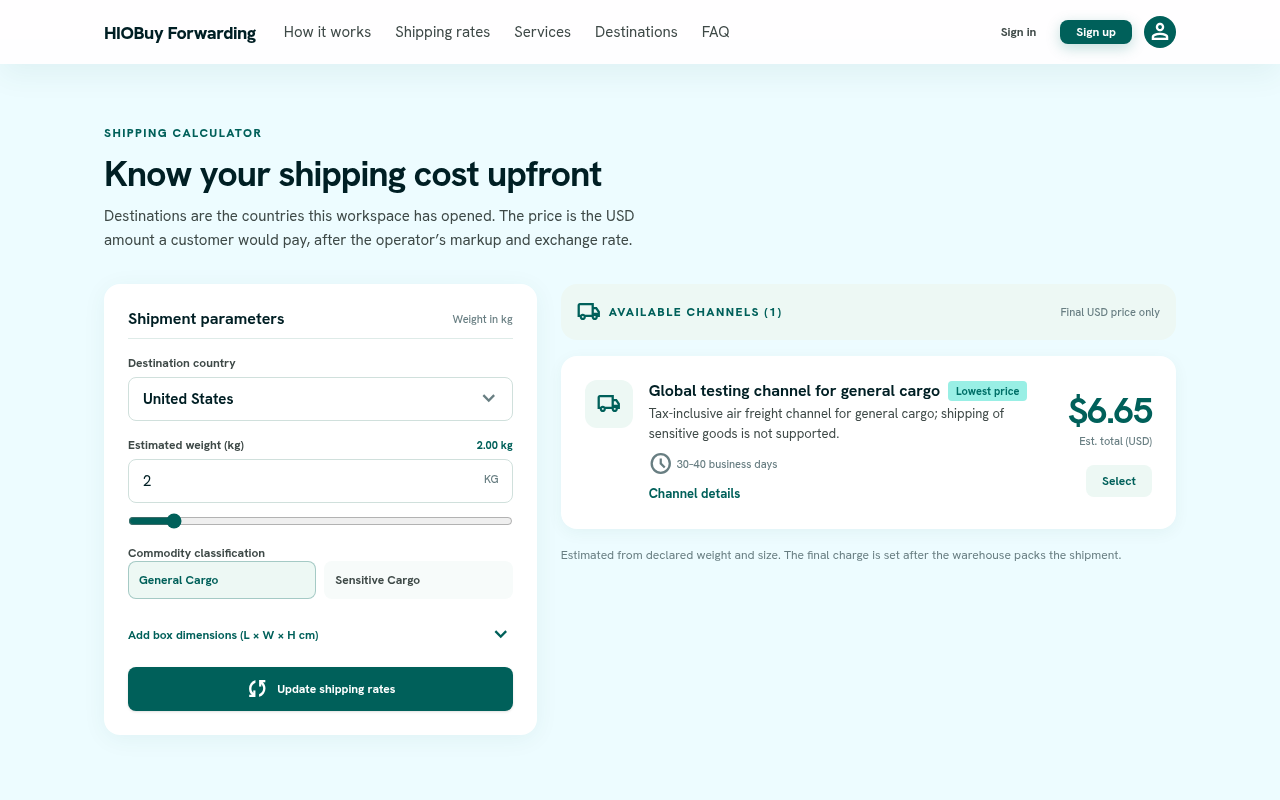 Shipping calculator on the live demo returning a USD estimate