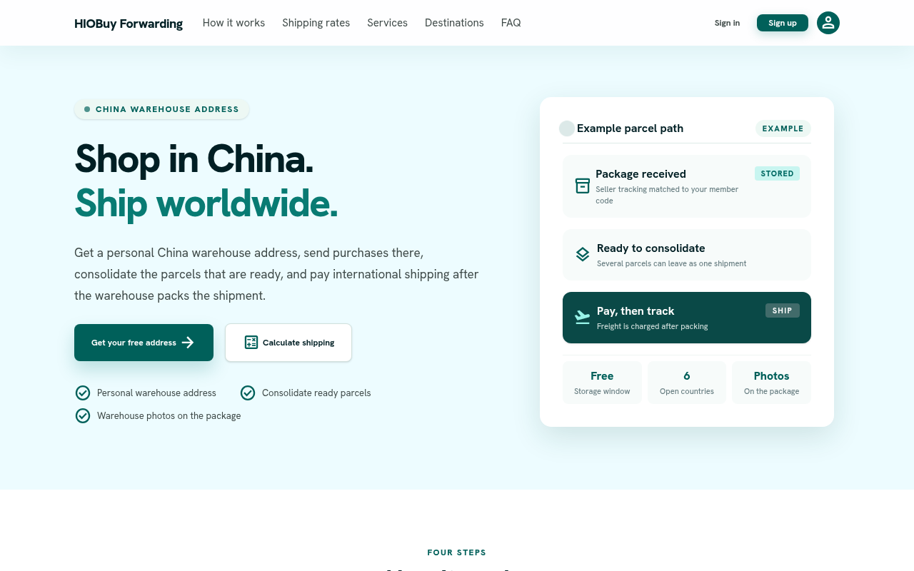HioBuy Forwarding public website on the live demo